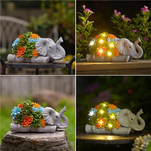 Elephant Statue with Succulent for Garden Decor: Solar Outdoor Sculptures - Picture 6 of 7